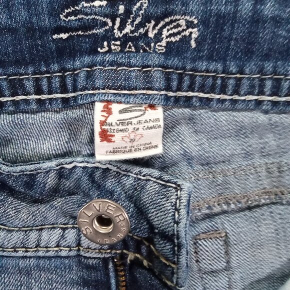 Silver Jeans Women's 32x31.5, Tag 30x32 Suki Bootcut Blue Stretch Distressed - Picture 12 of 15
